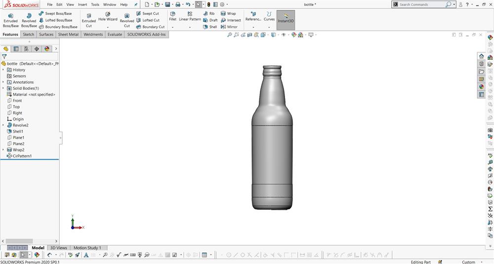 بطری طراحی شده در محیط نرم‌افزار Solidworks 2020